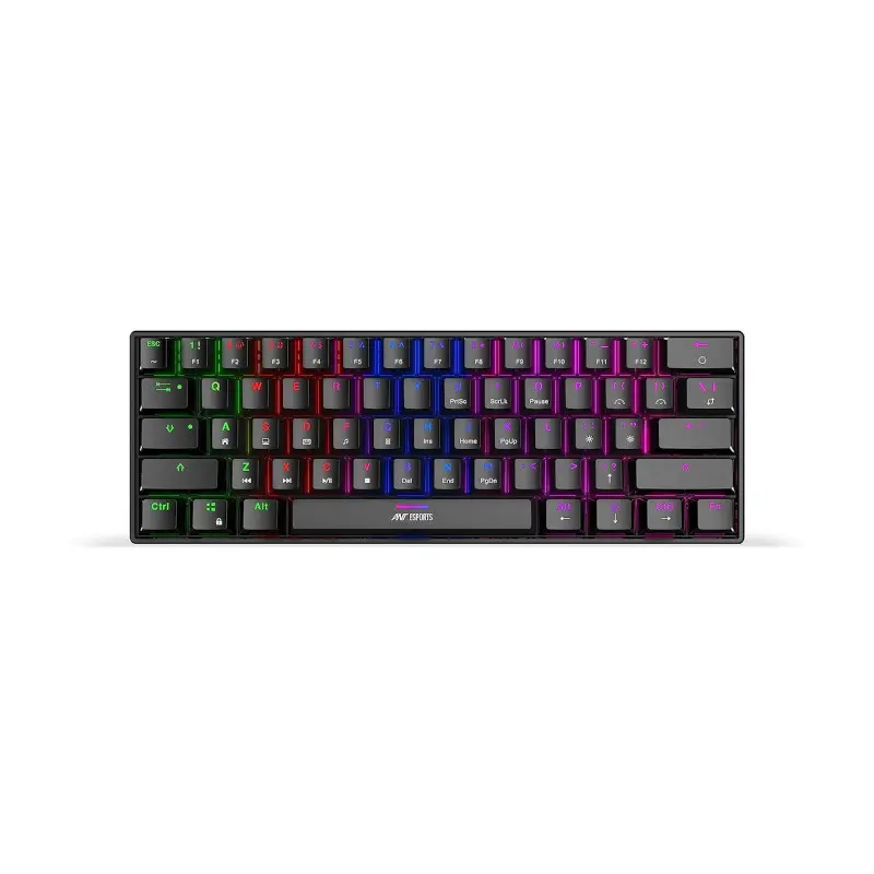 Compact RGB-backlit keyboard on a white background with a black frame and rainbow-colored keys.