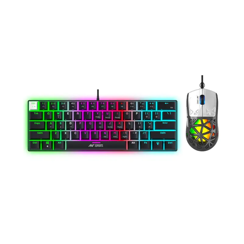 RGB backlit gaming keyboard with rainbow colors and a wired gaming mouse on a white background