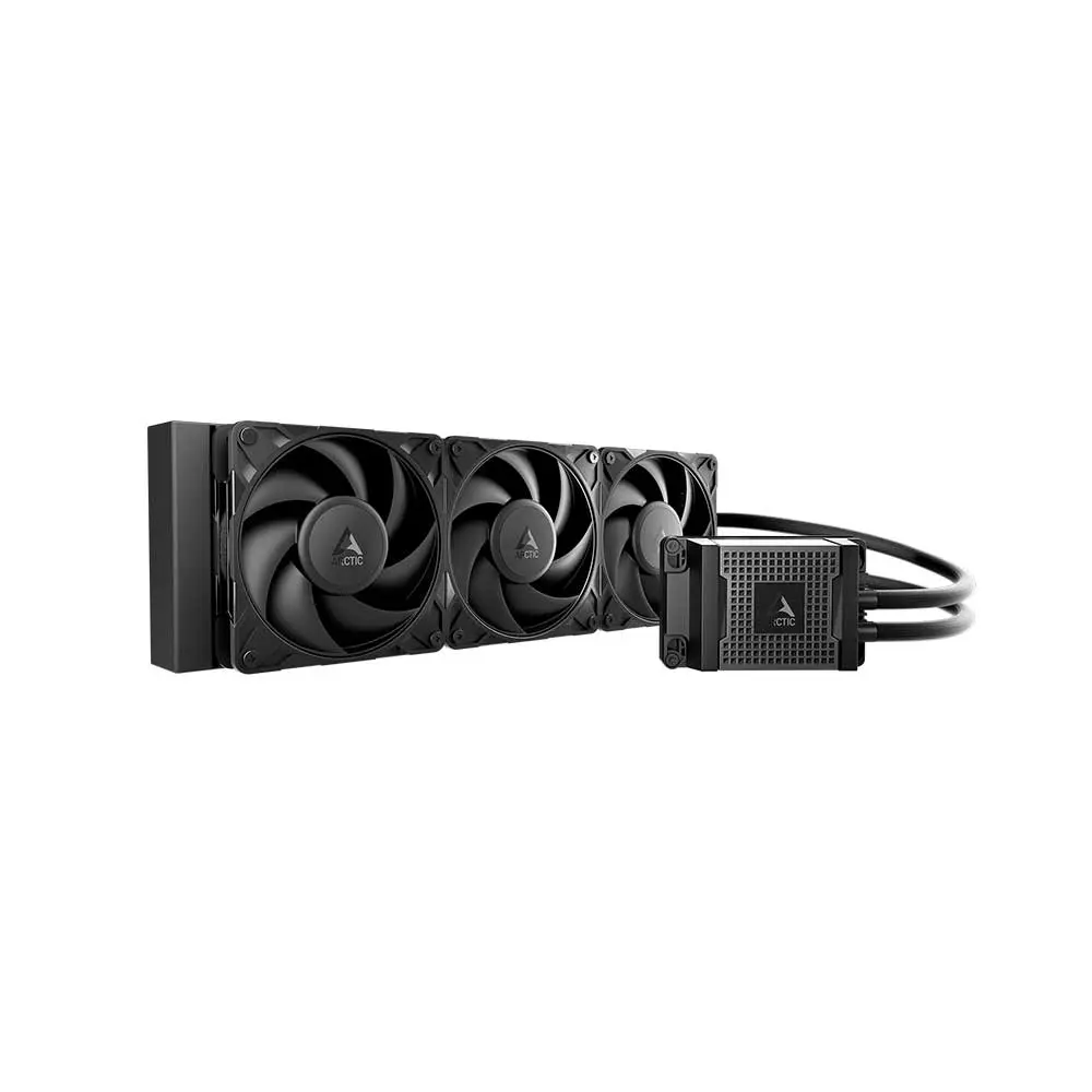 Triple-fan liquid CPU cooler with radiator and pump block, black tubing connecting to a compact cold plate unit.