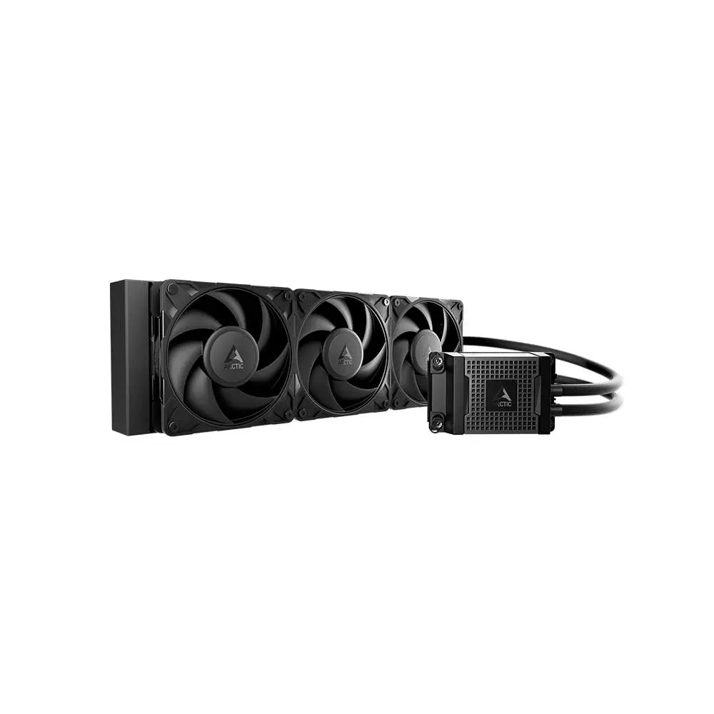 Liquid-cooled graphics card with three fans and attached water-cooling block connected by tubes