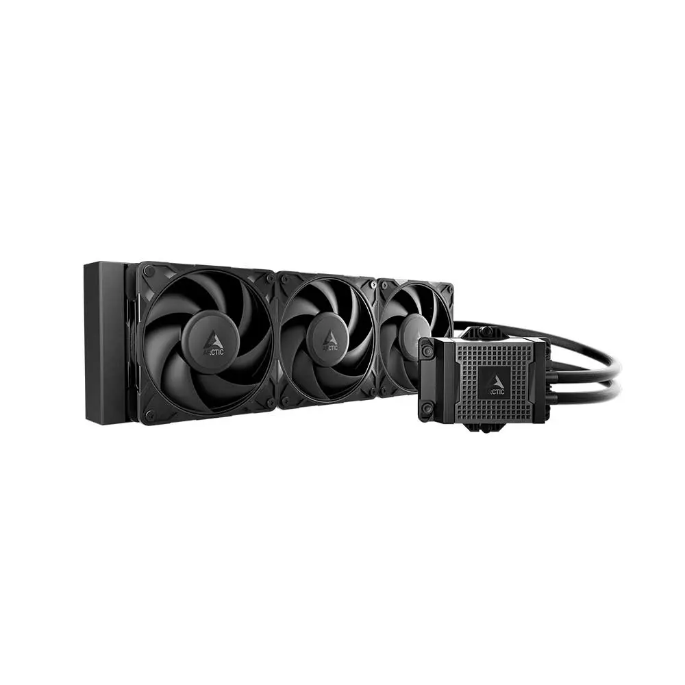 Triple-fan GPU liquid cooling radiator with connected pump block and tubing (high-performance graphics card cooler)