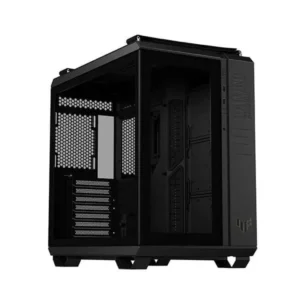 Black mid-tower computer case with side panel removed, exposing PCIe expansion slots and empty interior.