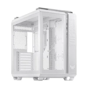 White mid-tower computer case with its side panel removed, exposing the empty drive bays and internal frame.