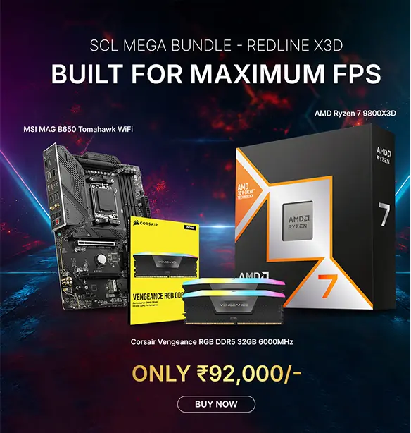 Promotional collage of a PC gaming bundle: MSI MAG B650 Tomahawk WiFi motherboard, Corsair Vengeance RGB DDR5 32GB RAM, a Ryzen 7 processor box, and RAM modules, with a “Only ₹92,000” price and Buy Now button.