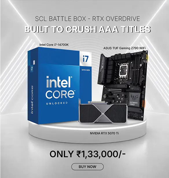 Promotional display of a gaming PC build featuring an Intel Core i7-14700K, ASUS Z790 motherboard, and NVIDIA RTX 5070 Ti, priced ₹1,33,000.