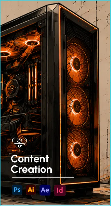 High-end PC tower with orange-lit fans and a “Content Creation” label, signaling a workstation for media production.