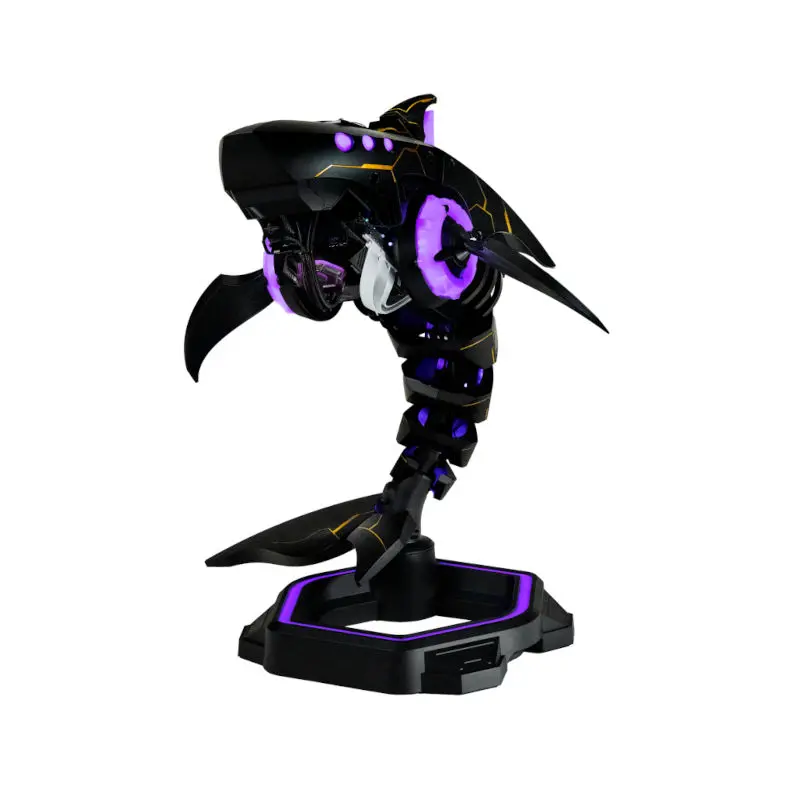 Black robotic dragon figure with purple neon accents perched on a display stand
