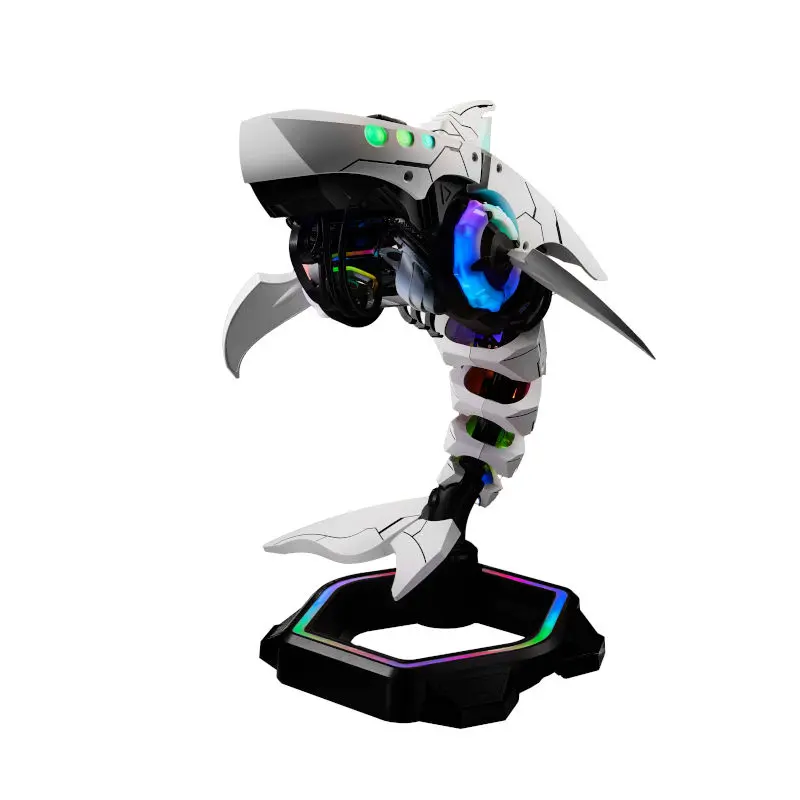 White and black robotic dragon figure mounted on a stand with rainbow LED accents on the base and body,