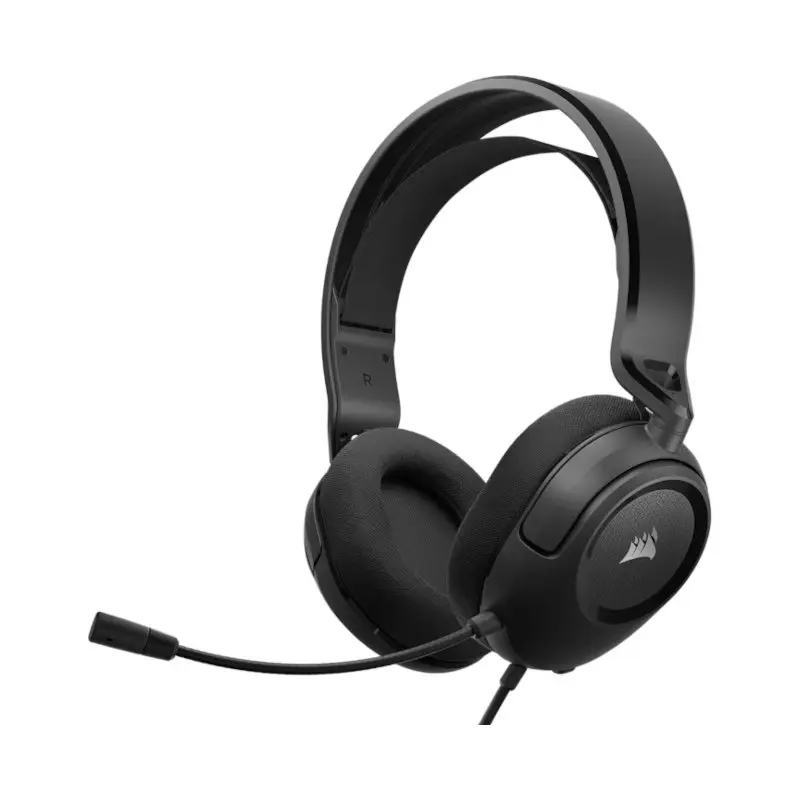 Black over-ear gaming headset with an attached microphone viewed from the side, cord visible