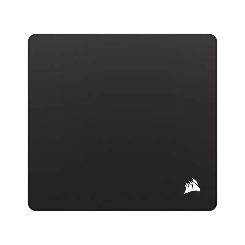 Black square mouse pad with rounded corners and the white Corsair logo in the bottom-right corner.