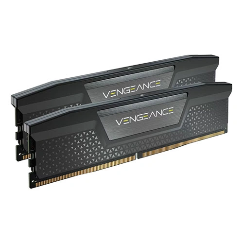 Two Corsair Vengeance DDR4 memory modules with black textured heatsinks and gold contact pins.