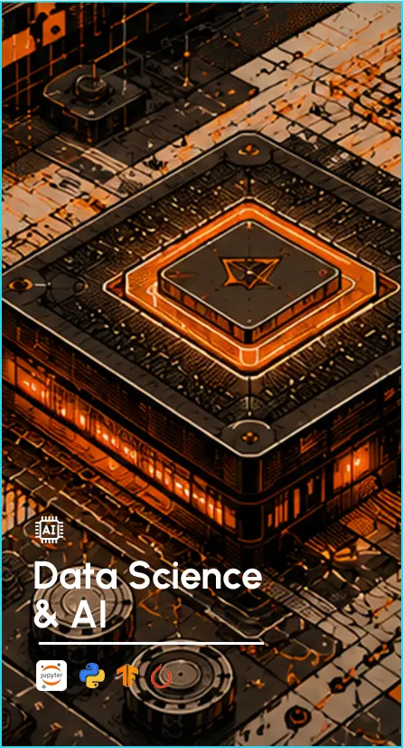 Isometric data-center scene featuring a glowing orange AI chip at the center; overlay text reads 'Data Science & AI' with icons for Jupyter, Python, and AI tools.