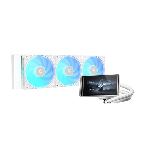 White three-fan cooling module with a built-in touchscreen controller.