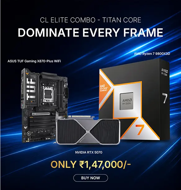 Promotional banner showcasing a PC build with a black motherboard on the left, an AMD Ryzen 7 processor box on the right, and a gray RTX 5070 graphics card in front, against a blue streak background; includes price 'ONLY ₹1,47,000/-' and a 'BUY NOW' button.
