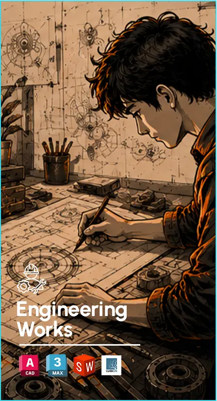 Engineer-focused illustration: person drawing precise blueprints with drafting tools; background maps and gears, title 'Engineering Works' visible at bottom left.