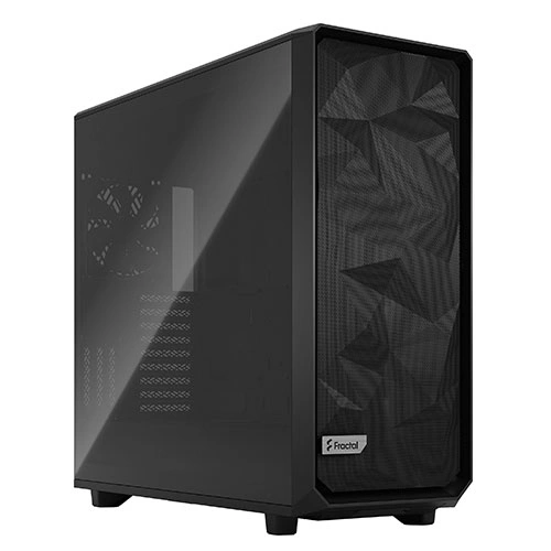Black mid-tower PC case with a tinted tempered-glass side panel and a geometric-mesh front, Fractal Design logo visible