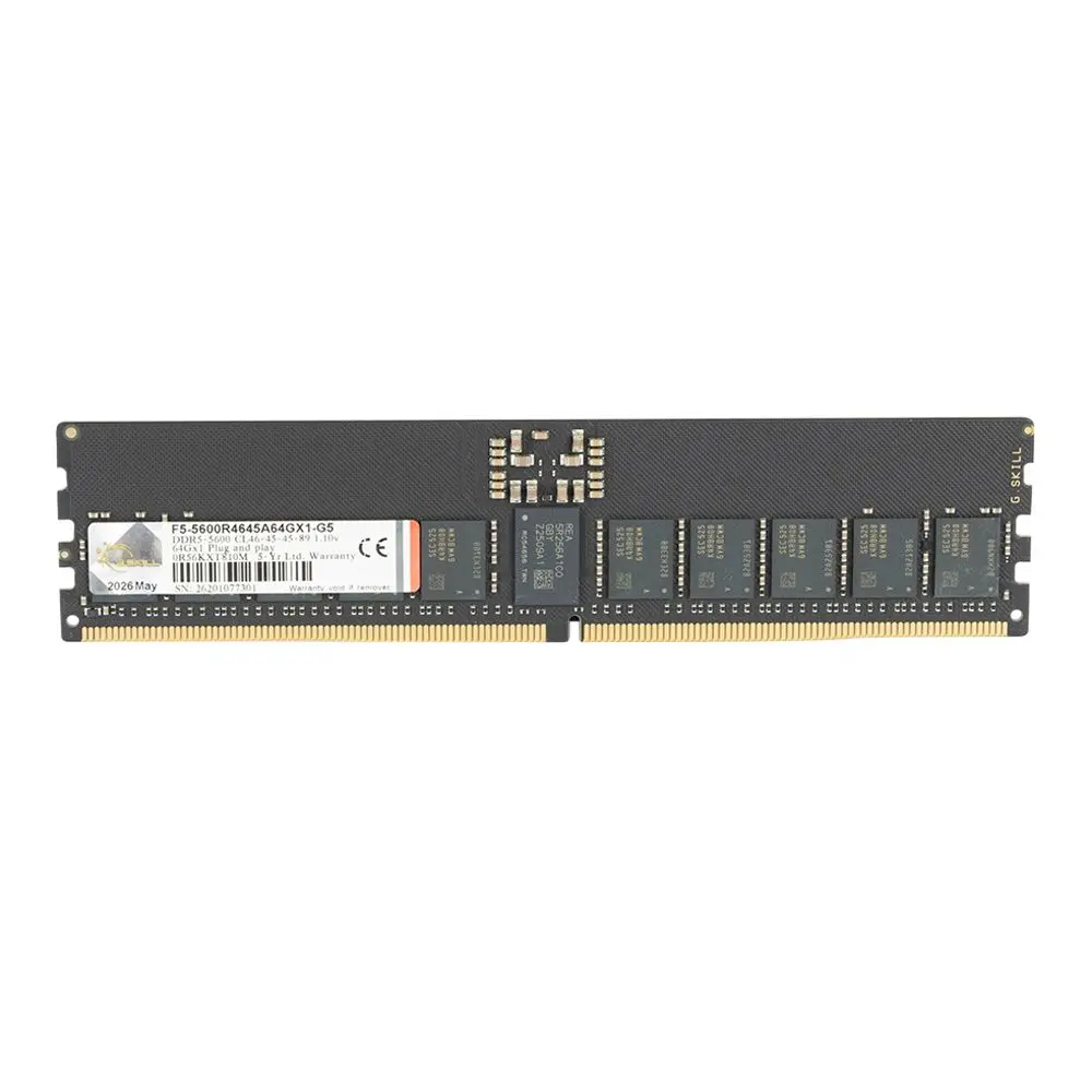 Desktop RAM memory module with gold edge connectors and labeled sticker on black PCB