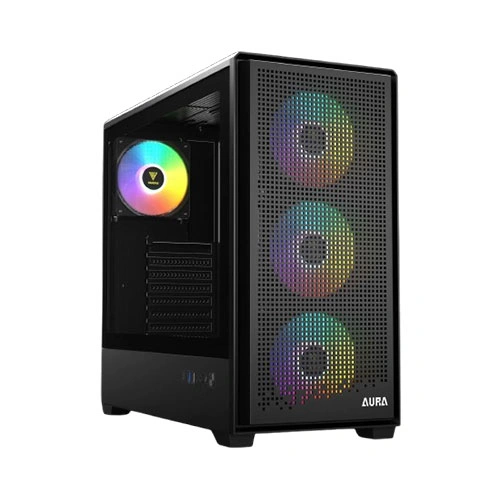 Black mid-tower PC case with a mesh front panel and three front RGB fans glowing in rainbow colors