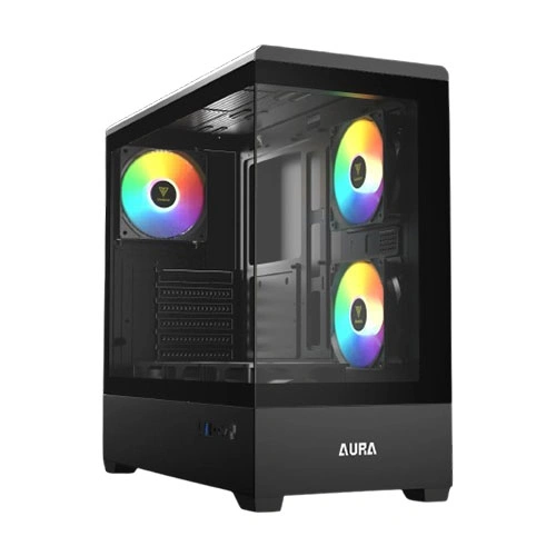 Black Aura mid-tower PC case with tempered glass panels and three rainbow RGB fans visible inside.