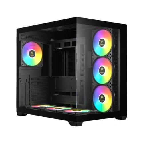 Black mid-tower PC case with a transparent side panel showing three RGB fans on the front and one on the rear; RGB lighting visible through the glass.