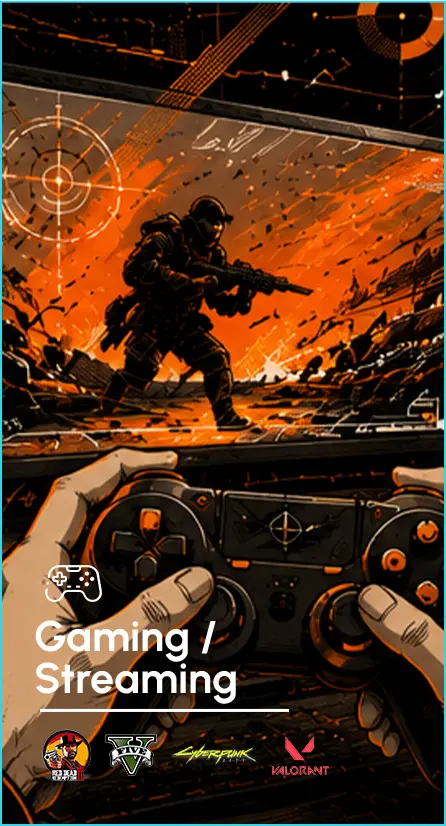 Player hands grip a game controller as a soldier fights in a fiery battlefield; 'Gaming / Streaming' text and logos appear along the bottom edge.