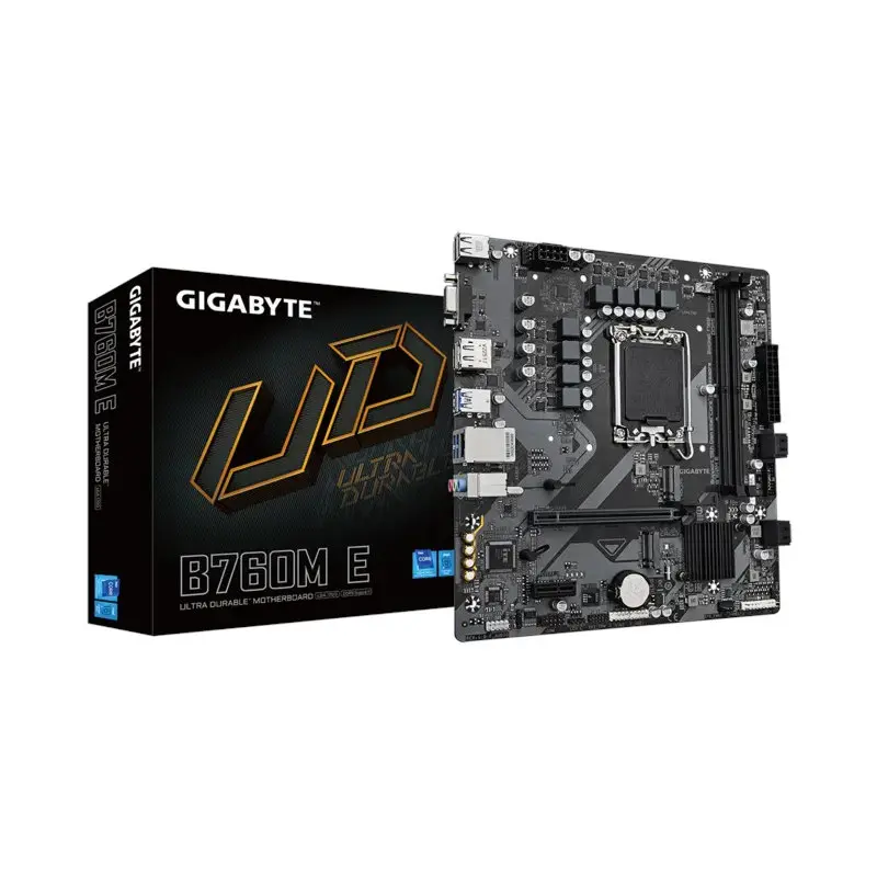 Gigabyte B760M E Ultra Durable motherboard beside its box.