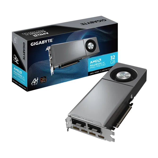 GIGABYTE AMD Radeon Pro graphics card with a black-and-silver shroud and blue-edged box showing 32 GB memory.