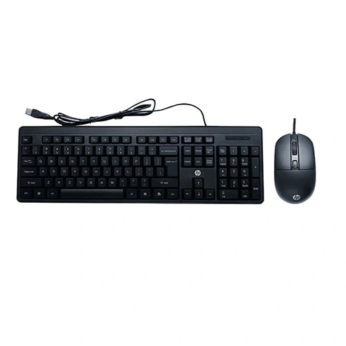 Black wired keyboard and matching mouse on a white background (HP brand visible).