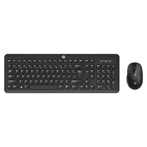 Black HP wireless keyboard with a separate wireless mouse on a white background, full-sized keyboard and compact mouse.