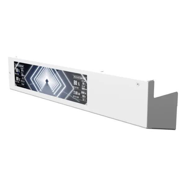 White elongated control panel with a rectangular digital display showing futuristic data and a glowing triangular pattern on the screen (angled perspective).