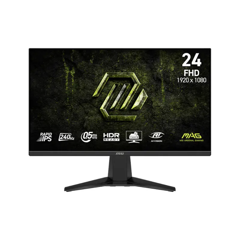 24-inch MSI monitor on a stand showing a dark textured background with a green logo and '24 FHD 1920x1080' text on the screen
