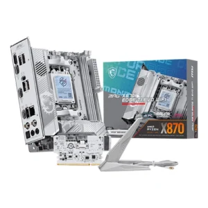 ATX motherboard with CPU socket, I/O panel, and bundled components placed next to a boxed X870 Edge Evo WiFi motherboard pack.