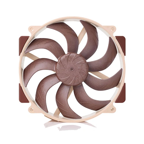 Brown computer cooling fan with circular beige frame and nine curved blades