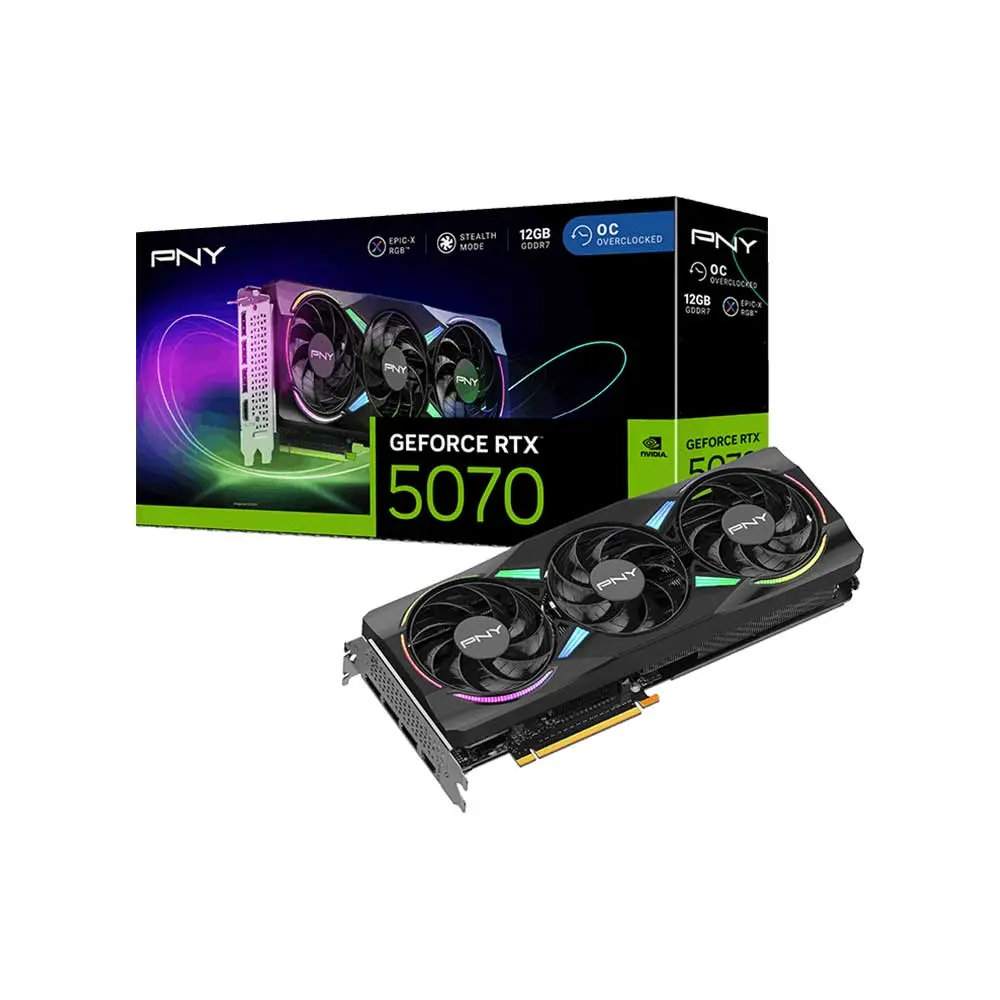 PNY GeForce RTX 5070 graphics card with three cooling fans beside its neon-accented box.