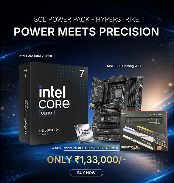 Promotional banner showing Intel Core Ultra box, gaming motherboard, DDR5 RAM kit, and price ₹1,33,000 with a Buy Now button.