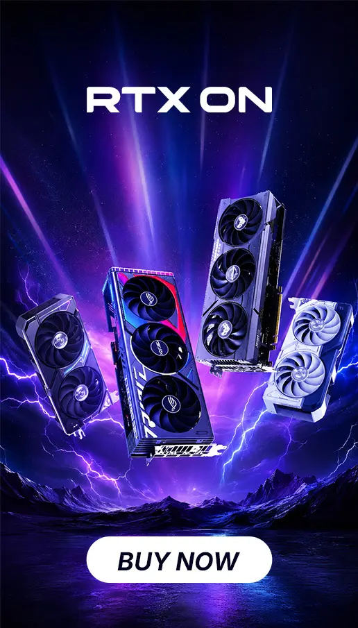 Dynamic ad showing multiple RTX graphics cards floating above a neon purple landscape with a prominent Buy Now button and the text 'RTX ON' at the top.