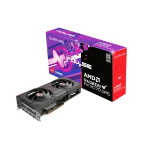 Graphics card with dual cooling fans lying in front of a purple-pink Sapphire product box labeled AMD Radeon RX 5700 (graphics card shown beside the box)