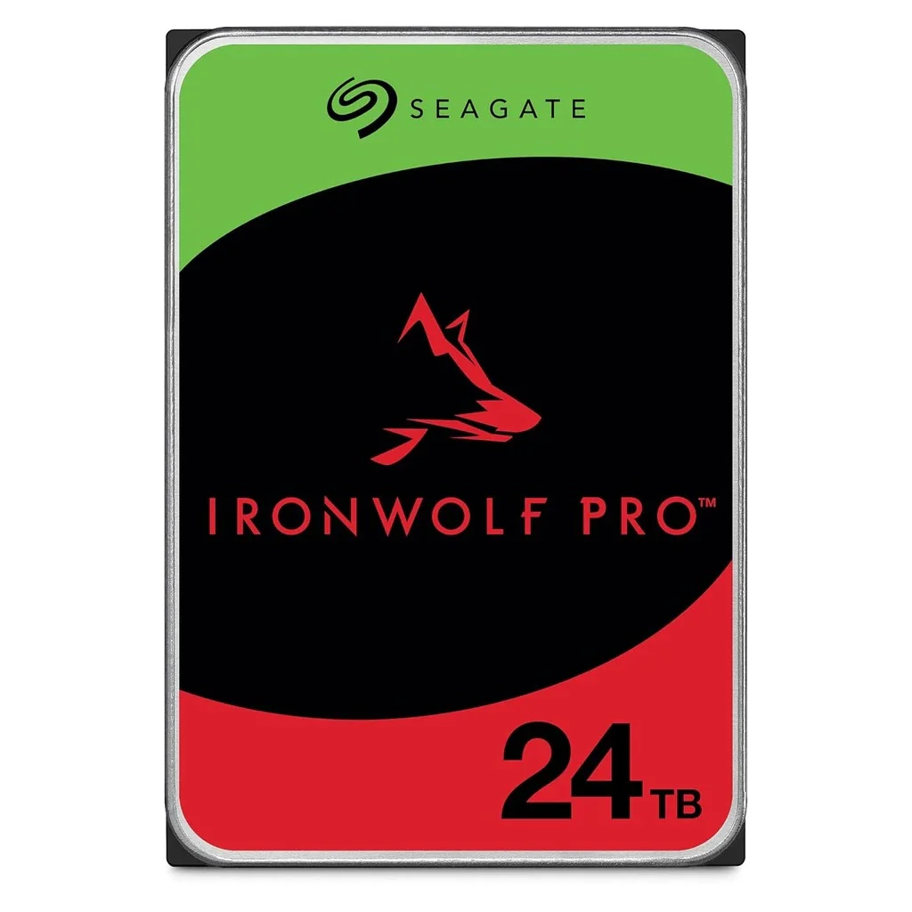 Seagate IronWolf Pro 24 TB internal hard drive with green top and red bottom label showing 24 TB.