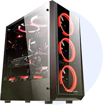 Gaming PC tower with a transparent side panel and three red-lit cooling fans visible inside.
