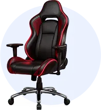 Black and red ergonomic gaming chair with padded headrest and high back on a five-wheel base.