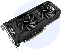 PNY graphics card with two large cooling fans, shown at an angle with PCIe connector