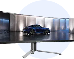Blue sports car showcased on a glossy showroom floor with a curved screen backdrop.