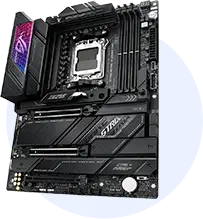 Black high-end motherboard shown at an angle, featuring the CPU socket, RAM slots, and multiple PCIe expansion slots.