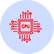 Pink gear-shaped icon with a centered house, connected by lines to outer points, symbolizing smart home automation.
