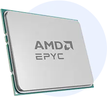 AMD EPYC processor chip angled to show its silver surface and AMD logo against a pale background.