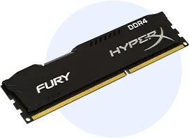Black HyperX Fury DDR4 RAM module with gold edge contacts, used as a computer memory stick