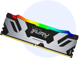 DDR4 memory module with a white heat spreader, black accents, and RGB lighting across the top, labeled 'FURY Renegade'.