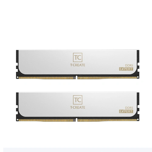 Two T-CREATE DDR5 Expert memory modules with silver heat spreaders and gold connector pins, shown in a dual-kit layout.