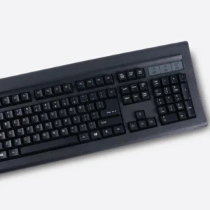 Full-size black keyboard with numeric keypad and a black mouse on a light gray background.