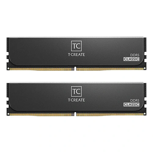 Two black T-Create DDR5 Classic RAM sticks with gold contact pins placed side by side.
